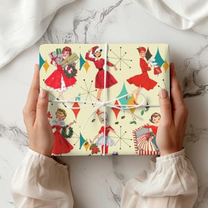 1950s Retro Vintage Christmas Wrapping Paper, Vintage 1950s Wrapping Paper, Mid Century Modern Pink Gift Wrap, MCM Christmas Wrapping Decor