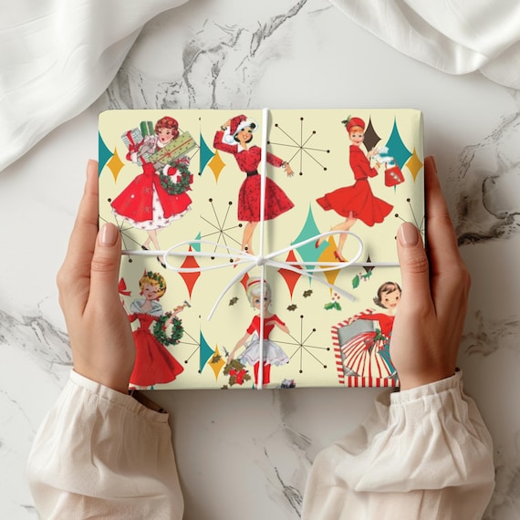 1950s Retro Vintage Christmas Wrapping Paper, Vintage 1950s Wrapping Paper, Mid Century Modern Pink Gift Wrap, MCM Christmas Wrapping Decor