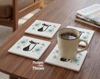 Atomic Cat Coasters Mid Century Modern Set Of 4 Retro Soapstone Drink Coasters for MCM Cat Lovers Gift Retro Home Bar Accessories