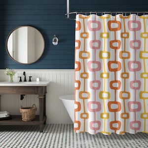 Mid Century Modern Retro Geometric Shower Curtain Vintage 1950s MCM Orange Pink Yellow Quirky Colorful Bathroom Decor