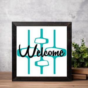 Mid Century Modern Welcome Sign Retro Wall Art Atomic Starburst Home Decor Vintage Style Artwork 1950s Aesthetic Wall Print with Frame