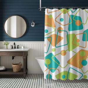 Mid Century Modern Retro Geometric Shower Curtain Vintage 1950s MCM Orange Teal Green Quirky Colorful Bathroom Decor MCM Shower Curtain