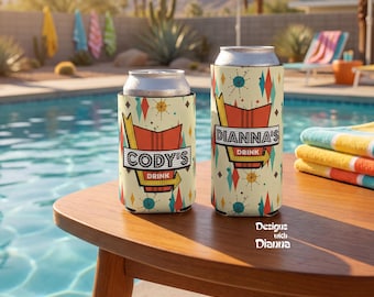 Personalisierter Retro Dosenkühler Benutzerdefinierter Name Dosenisolator Mitte des Jahrhunderts moderner Getränkehalter Atomic Starburst Beer Sleeve Bar Geschenk