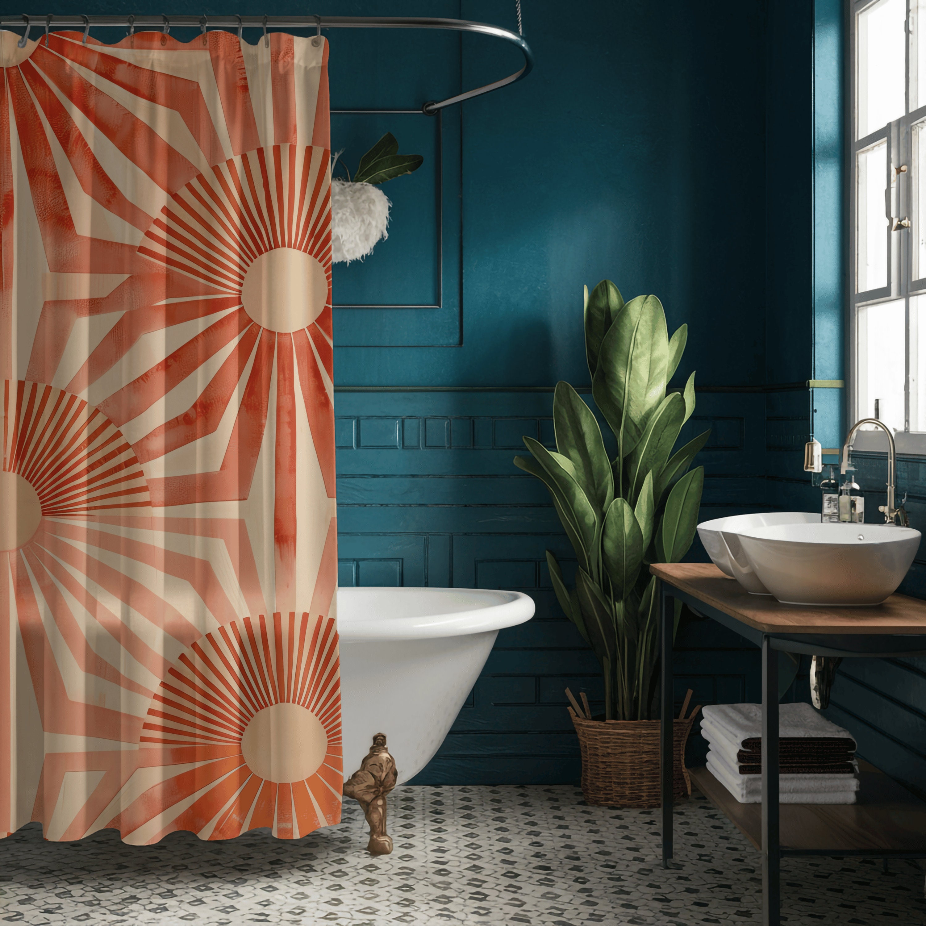 Mid Century Modern Shower Curtain, Shower Curtain Boho, Cute Shower