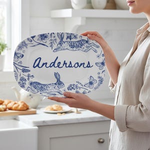 Personalized Easter Platter Custom Family Name Bunny Serving Tray Blue Toile Spring Entertaining Gift