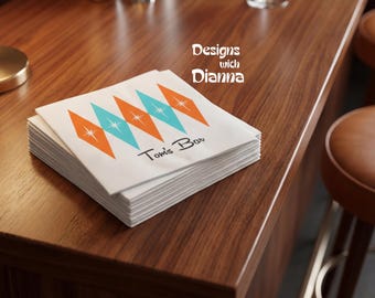 Custom Retro Cocktail Napkins Personalized Mid Century Bar Napkins Atomic Starburst Party Napkins 50s Style Cocktail Decor