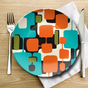 Mid Mod Atomic Starburst Plate 50s Vintage Mid Century Modern Teal Burnt Orange and Green Dinnerware MCM Kitchen Gifts Retro Party Plates