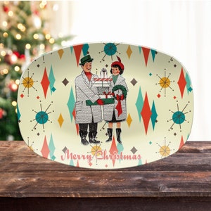 Retro Vintage 50s Franciscan Diamond Starburst Kitsch Christmas Card Art Platter, Retro Vintage 50s Cookies For Santa Plate