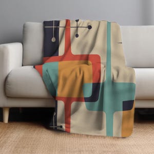 Mid Century Modern Sherpa Fleece Blanket MCM Geometric Throw in Teal and Burnt Orange Atomic Starburst Throw Blanket Retro Style Home Decor