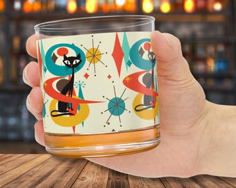 Atomic Cat Rock Glasses Retro Drinkware Mid Century Modern Whiskey Glass Gifts Unique Cat Lover Present MCM Retro Cat Barware Home Decor