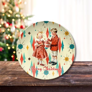 Retro Vintage 50s Franciscan Diamond Starburst Kitsch Christmas Card Art Platter, Retro Vintage 50s Cookies For Santa Plate Retro Christmas