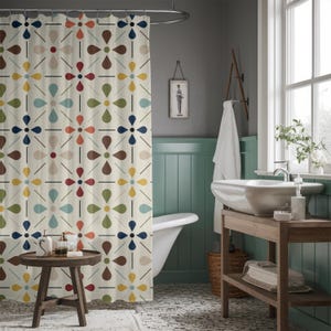 Mid Century Modern Retro Geometric Shower Curtain Vintage 50s MCM Teal Green Mustard and Rust Quirky Bath Decor Colorful Shower Curtain