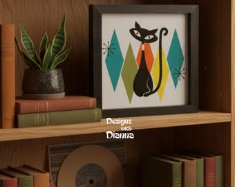 Atomic Cat Art Mid Century Modern Decor Unique Cat Lover Gift Retro Home Decor Quirky Cat Wall Art Vintage Mod Cat Lover Gift Atomic Style