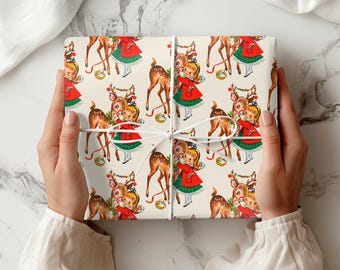 Papel de regalo navideño vintage con renos retro, papel de regalo vintage de los años 50, rollos de papel de estilo moderno de mediados de siglo, papel de regalo navideño festivo.