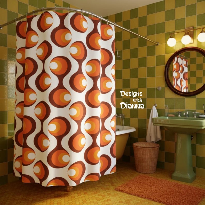 Mid Century Modern Retro Geometric Shower Curtain Vintage 1970s MCM Orange Quirky Colorful Bathroom Decor MCM Shower Curtain image 1