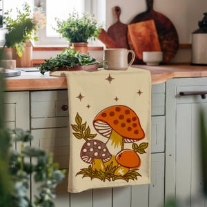 Mushroom Kitchen Towel Merry Mushroom Tea Towel Cottagecore Home Decor Collectible Kitchenware 70s Mushroom Gifts Merry Mushroom Kitchen