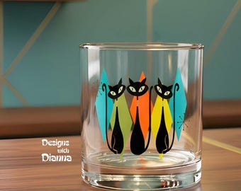 Atomic Cat Rock Glasses Retro Drinkware Mid Century Modern Whiskey Glass Gifts Unique Cat Lover Present MCM Retro Cat Barware Home Decor