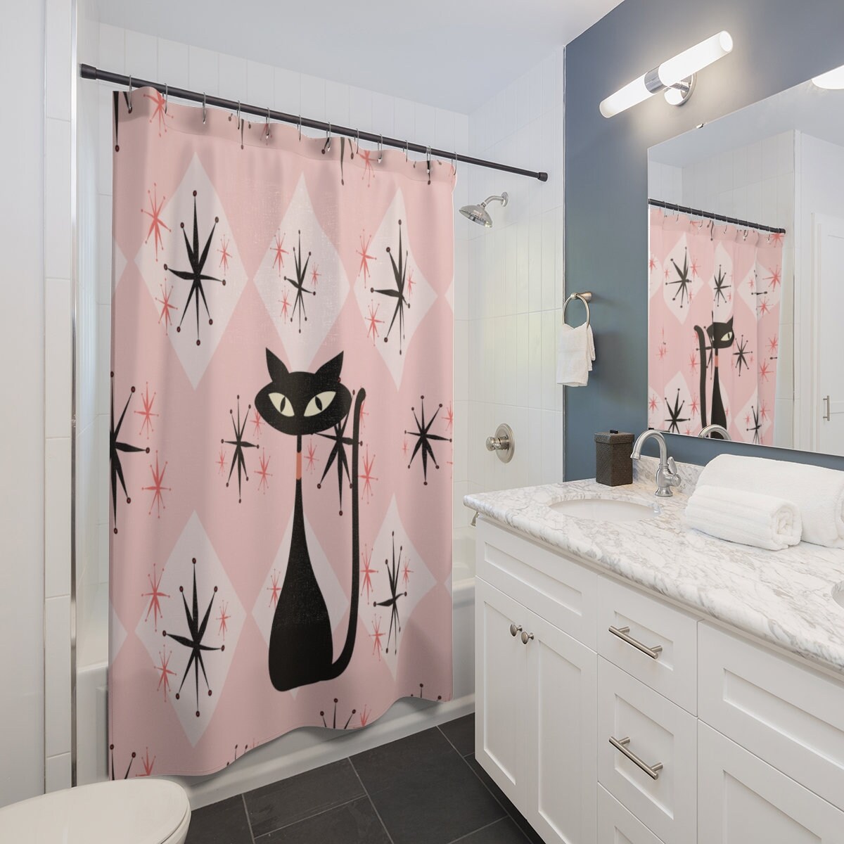 Cat Shower Curtain, Atomic Cat Shower Curtain, Atomic Cat Starburst Bathroom Decor