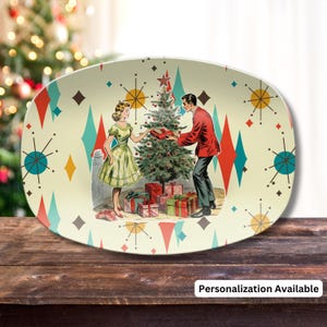 Retro Vintage 50s Franciscan Diamond Starburst Kitsch Christmas Card Art Platter, Retro Vintage 50s Cookies For Santa Plate