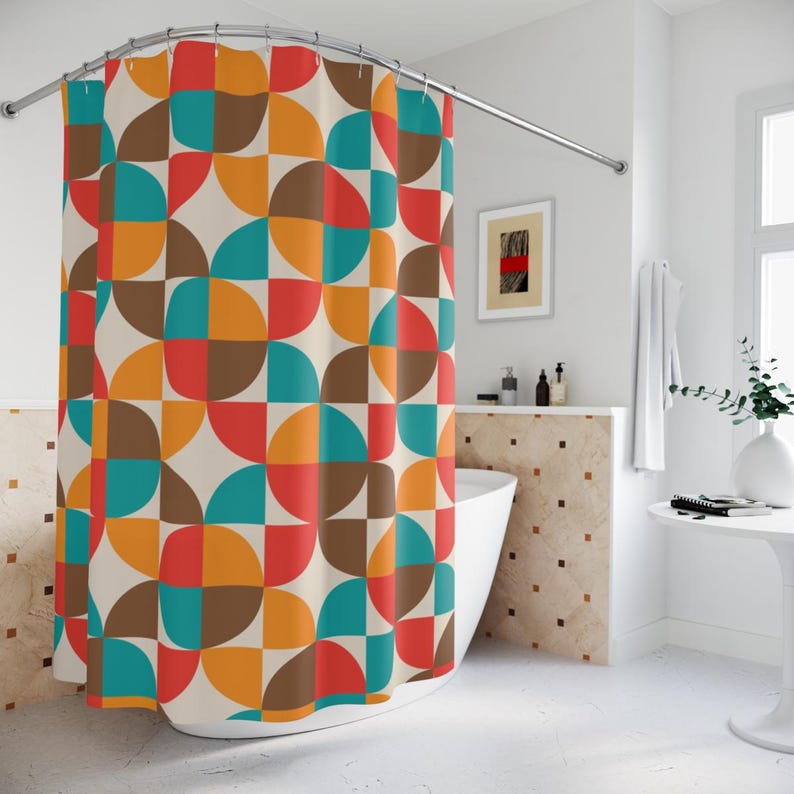 Retro geometric shower curtain with colorful circle pattern adds mid century modern style to your bathroom decor for vintage inspired home design.