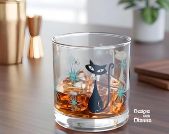 Atomic Cat  Whiskey Bar Glass Atomic Starburst Whiskey Glass Retro Mid Century Modern Barware Vintage Lowball Cocktail Glass MCM Rock Glass