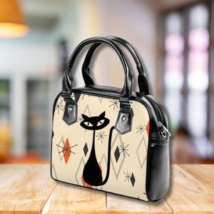 Bolso de mano con forma de gato atómico, bolso cruzado con forma de gato atómico, bolso de hombro con forma de gato negro, regalo de gato kitsch, bolso de mano con forma de gato retro de los años 50, monedero MCM, regalo para amantes de los gatos