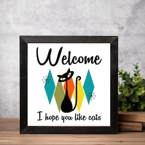 Mid Century Modern Welcome Sign Retro Wall Art Atomic Starburst Home Decor Vintage Style Artwork 1950s Aesthetic Wall Print with Frame
