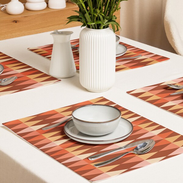 Retro Mod Placemats (Set of 4) - Burnt Orange, Brown, Cream Colors - 1950s Atomic Pattern Tableware - Modern 1950s Geometric Cloth Placemats