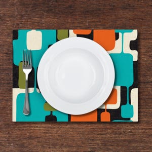 Mid Century Modern Geometric Abstract Placemat Retro Design Table Linens Teal Orange Green MCM Placemat  Unique Home Decor Set of 1, 2, or 4