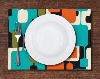Mid Century Modern Geometric Abstract Placemat Retro Design Table Linens Teal Orange Green MCM Placemat  Unique Home Decor Set of 1, 2, or 4