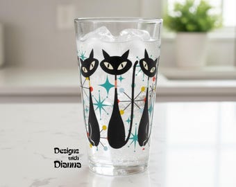 Atomic Kitschy Black Cat Pint Glass, 16oz Mid Century Modern Retro Beer Glass, MCM Beer Glassware Gifts, Party Drinkware, Cocktail Glass