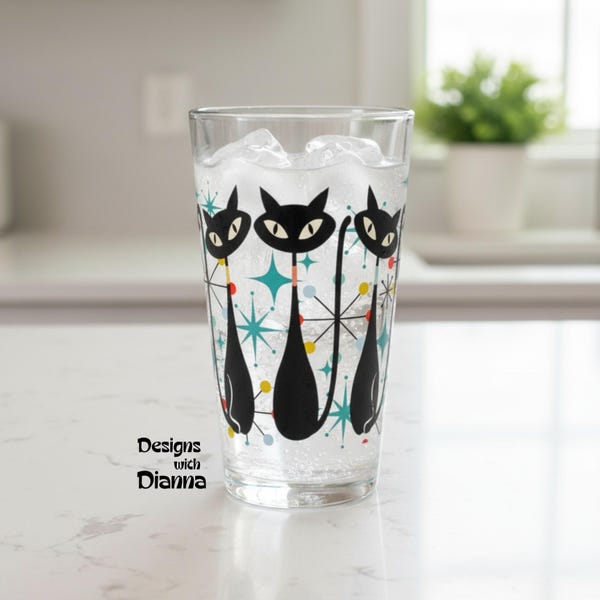 Atomic Kitschy Black Cat Pint Glass, 16oz Mid Century Modern Retro Beer Glass, MCM Beer Glassware Gifts, Party Drinkware, Cocktail Glass