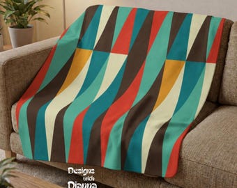 Mid Century Modern Sherpa Fleece Blanket MCM Geometric Throw in Teal and Burnt Orange Atomic Starburst Throw Blanket Retro Style Home Decor