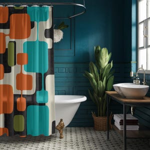Mid Century Modern Retro Geometric Shower Curtain Vintage 1950s MCM Orange Green Teal Quirky Colorful Bathroom Decor MCM Shower Curtain