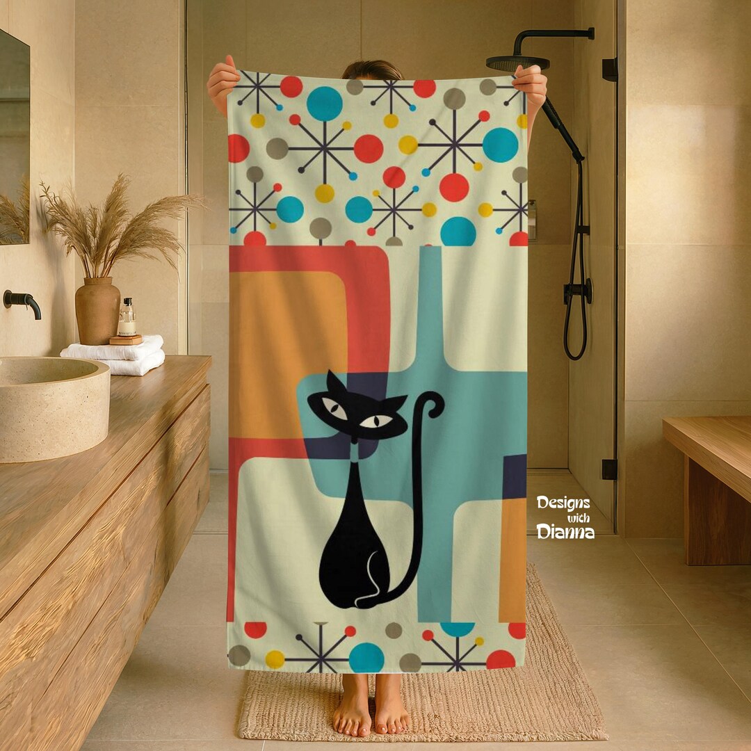 Atomic Cat Bath Towel Mid Century Modern Black Cat Retro Bathroom