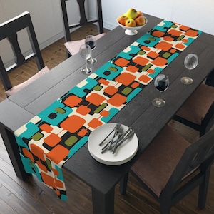 Mid Century Table Runner Abstract Geometric Design 60s Retro Orange Teal Green Cream Table Linens Wedding Table Decor Colorful Centerpiece