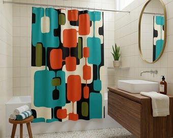 Mid Century Modern Retro Geometric Shower Curtain Vintage 1950s MCM Orange Green Teal Quirky Colorful Bathroom Decor MCM Shower Curtain