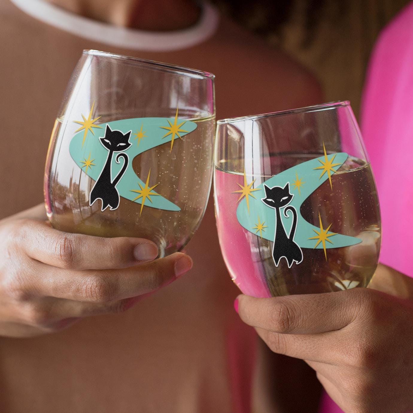 Atomic Black Cat Retro Stemless Wine Glass, 11.75oz, Atomic Wine