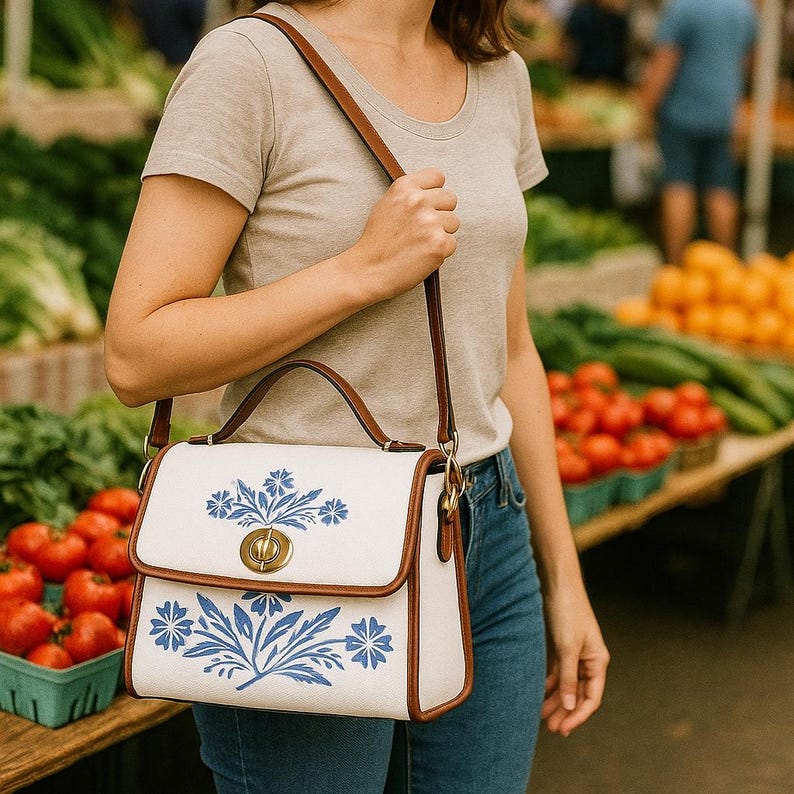 Blue CorningWare inspired handbag with cornflower details perfect for collectors who love vintage dishware or kitchen accessories