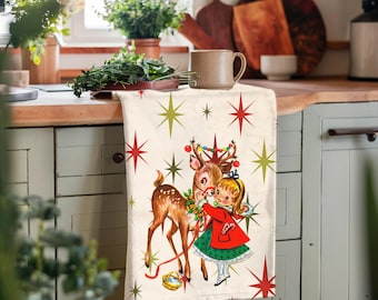 Retro Reindeer Girl Christmas Tea Towel Mid Century Modern Kitchen Chef Gift Atomic Age Decor Retro Christmas Kitchen Decor MCM Kitchen
