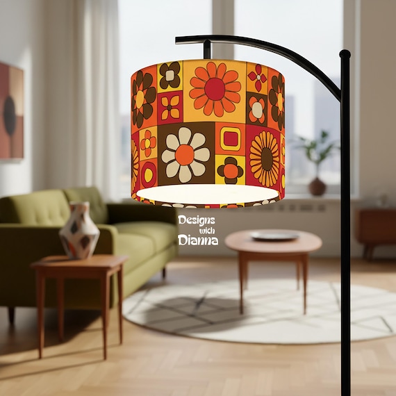 Groovy 70s Arc Floor Lamp Retro Floral Shade Vintage Home Decor