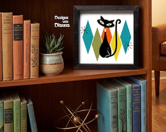 Atomic Cat Art Mid Century Modern Decor Unique Cat Lover Gift Retro Home Decor Quirky Cat Wall Art Vintage Mod Cat Lover Gift Atomic Style