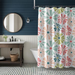 Mid Century Modern Retro Geometric Shower Curtain Vintage 1950s MCM Pink Green Teal Quirky Colorful Bathroom Decor MCM Shower Curtain