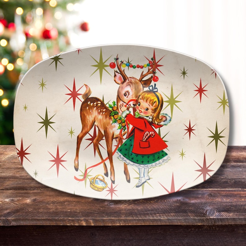 Retro Fun 1950s Kitsch Christmas Platter, Atomic Holiday Serving Tray, Mid Century Modern Christmas Serving Platter, MCM Atomic Christmas