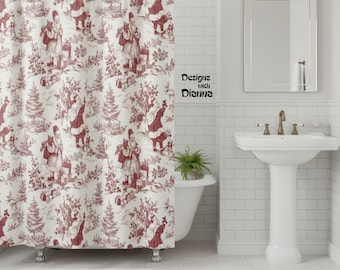 Vintage Santa Shower Curtain Toile Christmas Bathroom Decor Red and Cream Toile Holiday Curtain Christmas Guest Bath Festive Vintage Bath