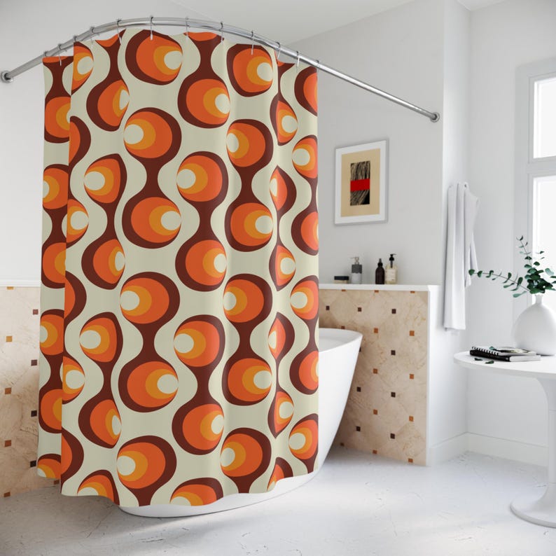 Mid Century Modern Retro Geometric Shower Curtain Vintage 1970s MCM Orange Quirky Colorful Bathroom Decor MCM Shower Curtain Cream (Off White)