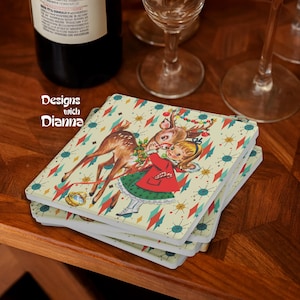 Retro Christmas Coasters Reindeer Girl Set of 4 Mid Mod Holiday Decor Atomic Starburst Coaster Set Vintage Hostess Gift Kitsch Winter Decor