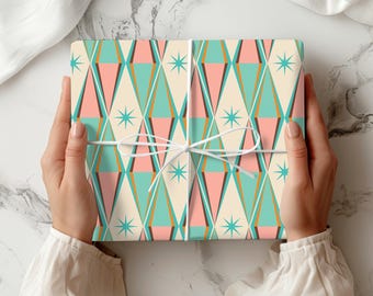 Papel de regalo retro Atomic Starburst, papel de regalo moderno de mediados de siglo con diseño atómico turquesa y estrella.