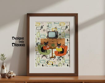 Impresión artística mate de gato atómico, decoración de pared moderna de mediados de siglo para amantes de los gatos, póster retro para sala de estar, arte para el hogar de inspiración vintage.