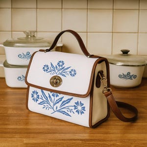 CorningWare blue purse tote bag with cornflower pattern inspired design perfect gift for vintage kitchen collector or retro cookware lover